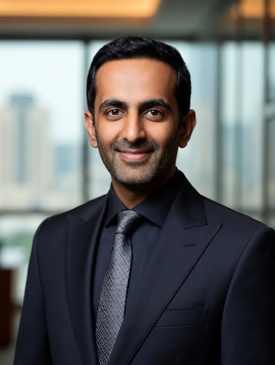 Ahmed Al Mansoori, Founder and CEO of MobileNumber.ae, wearing a business suit in a Dubai office setting