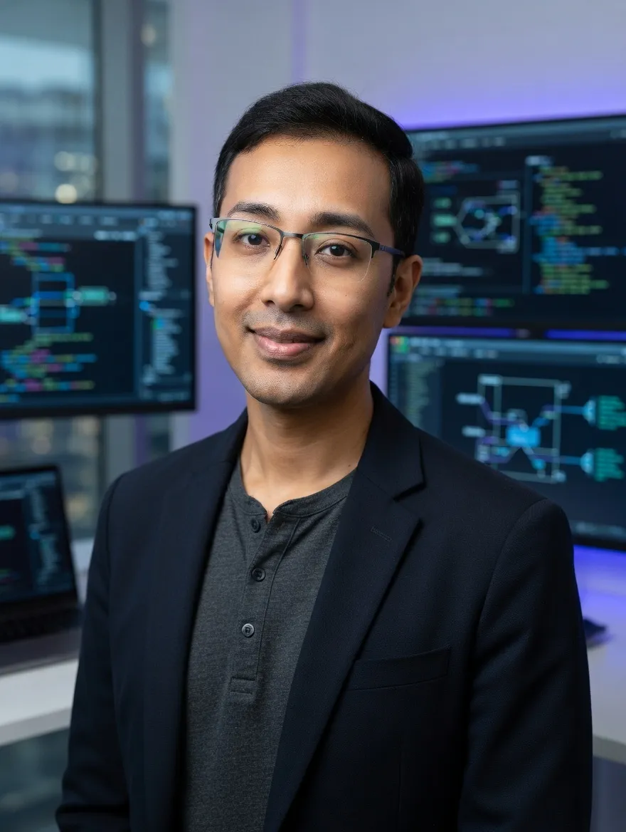 Omar Rashid, Chief Technology Officer at MobileNumber.ae, in front of multiple screens