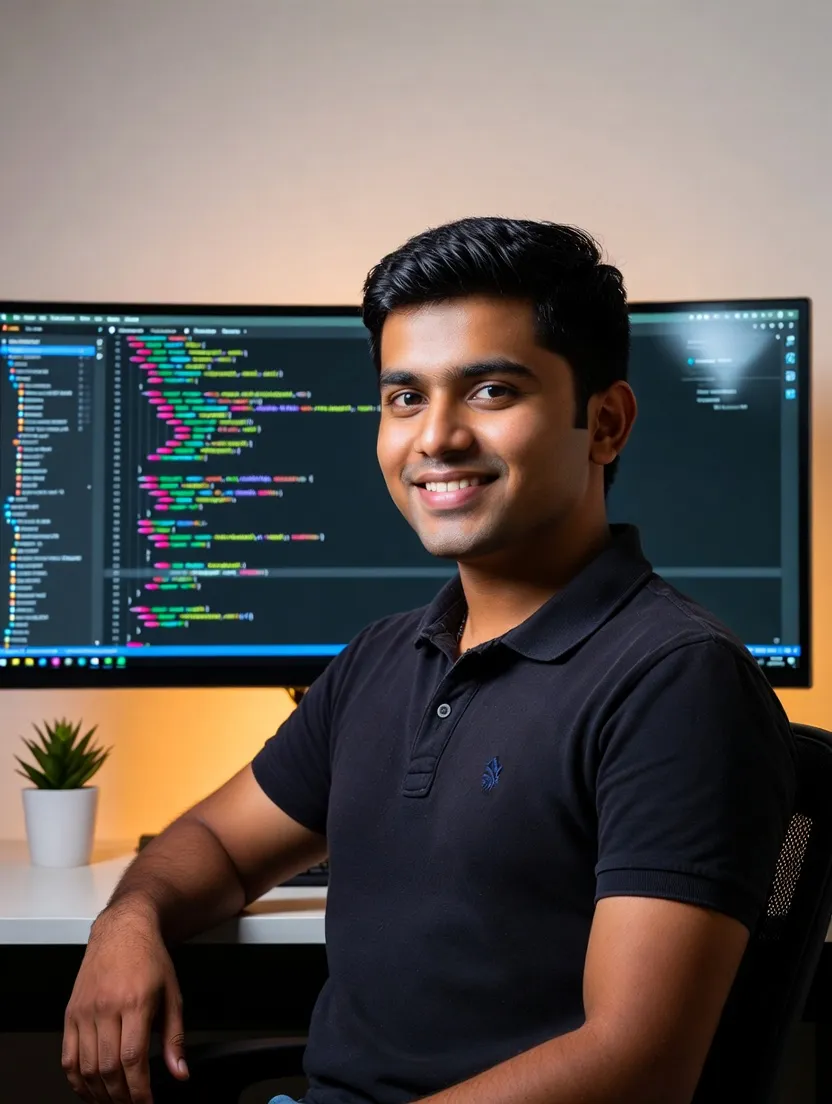 Ravi Krishnan, Lead Developer at MobileNumber.ae, working at a desk with code on screen