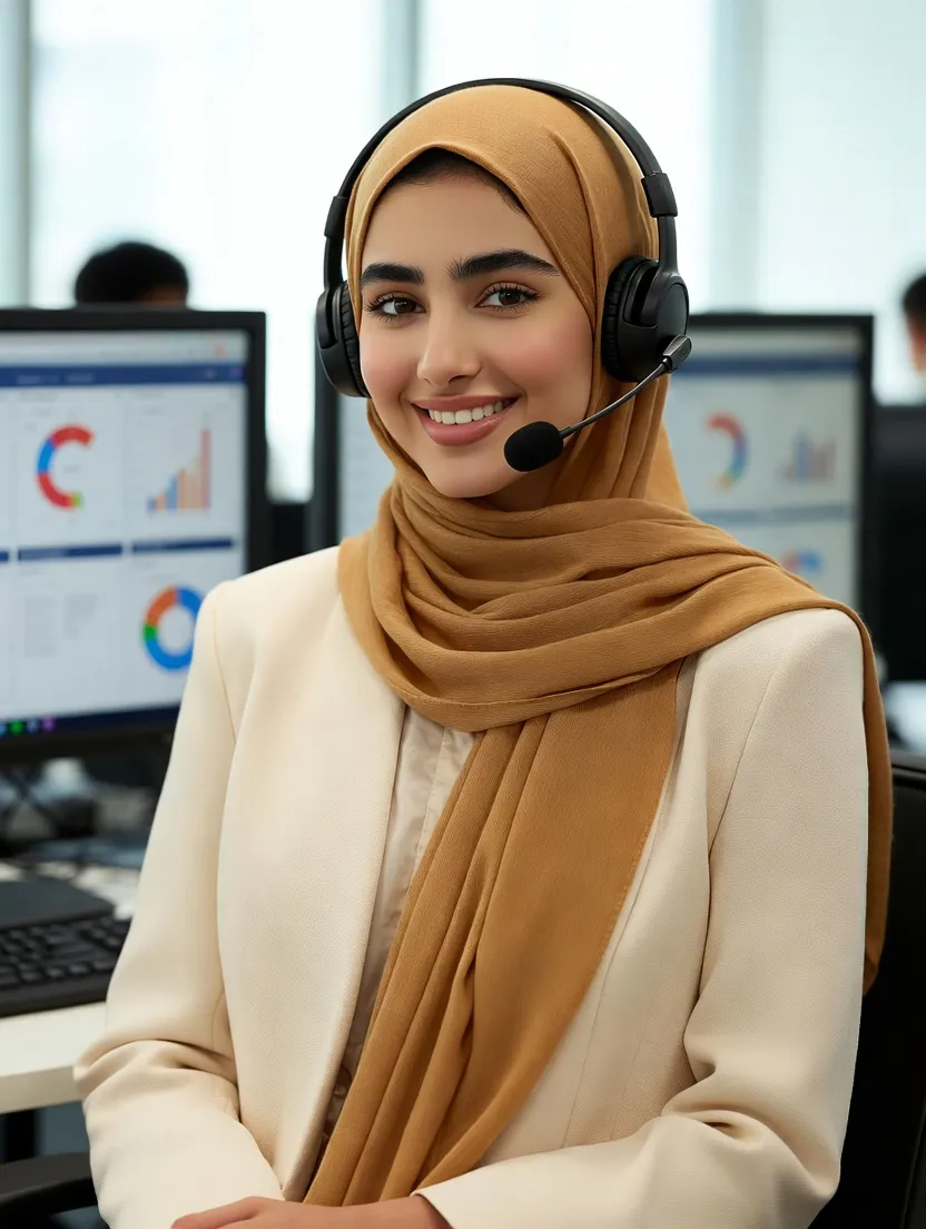 Layla Bin Zayed, Customer Success Manager at MobileNumber.ae, smiling in a customer service center