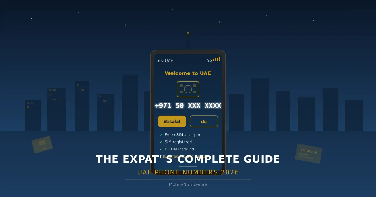 Expat guide to UAE phone numbers 2026 — smartphone showing SIM card options against Dubai skyline with carrier logos