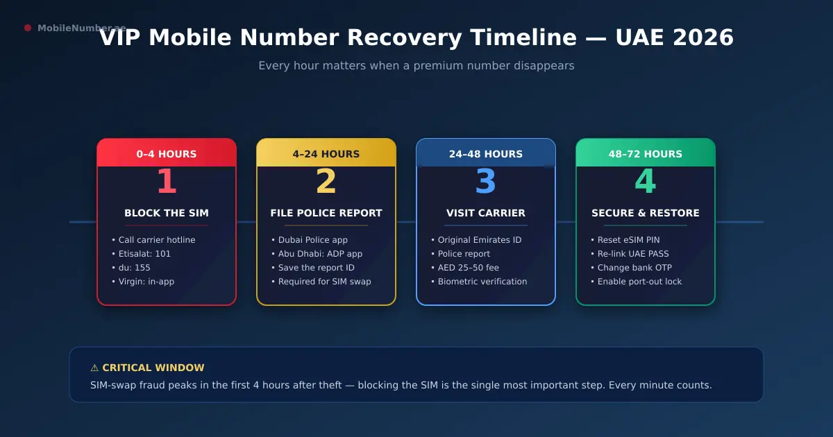 UAE VIP mobile number recovery timeline 2026 — 4 phases from SIM block to full account restoration