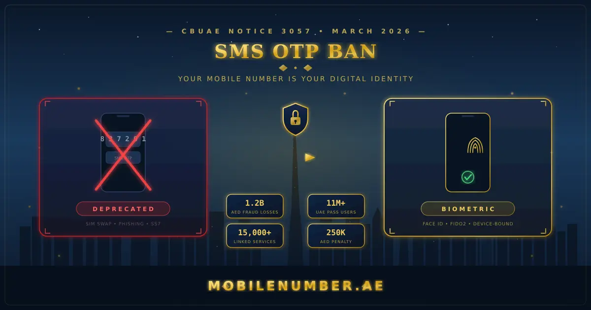 UAE SMS OTP ban 2026 mobile number security guide showing biometric authentication replacing SMS codes