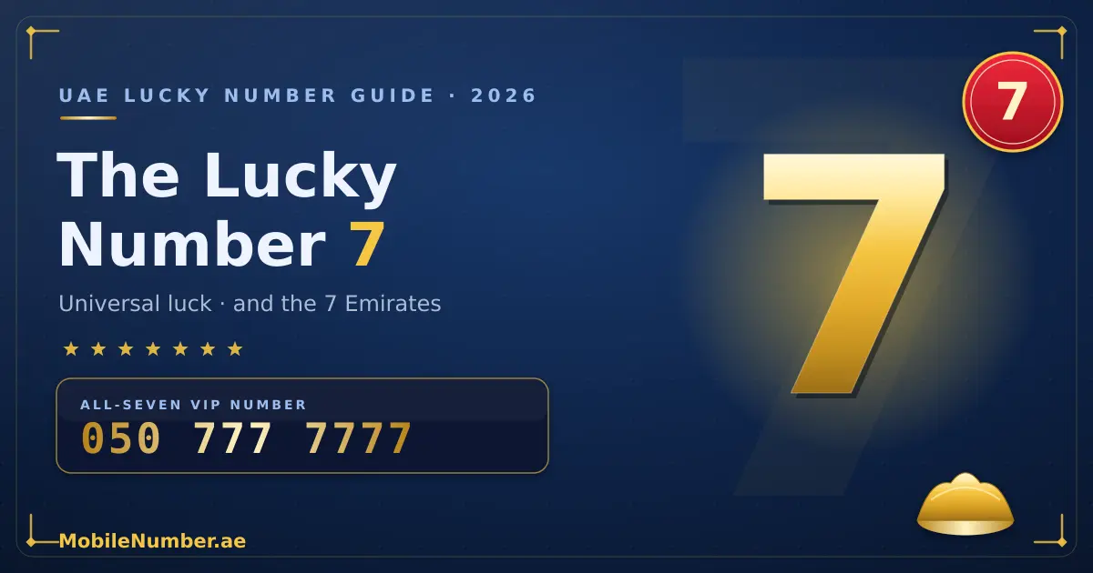 UAE 777 mobile number on a golden plate with the lucky number 7 and the seven emirates