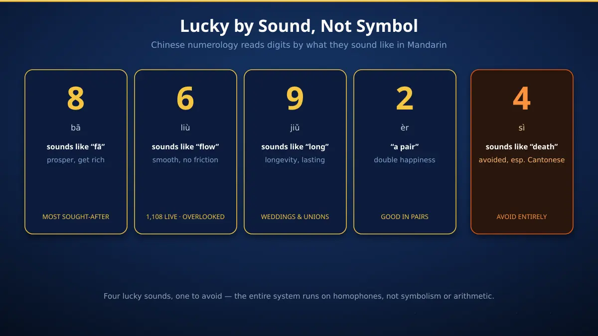 Chinese lucky digit meanings chart — 8 sounds like prosper, 6 sounds like smooth, 9 sounds like long-lasting, 2 means a pair, while 4 sounds like death and is avoided