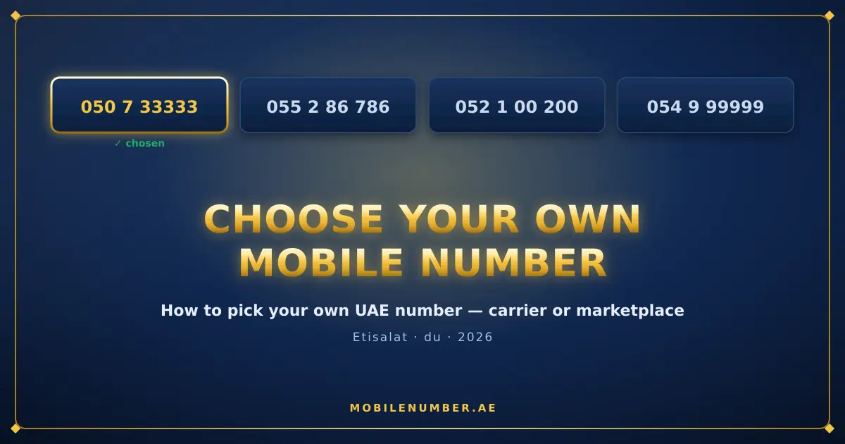 Choosing your own UAE mobile number — candidate numbers from the carrier pool with one selected, plus the resale marketplace option
