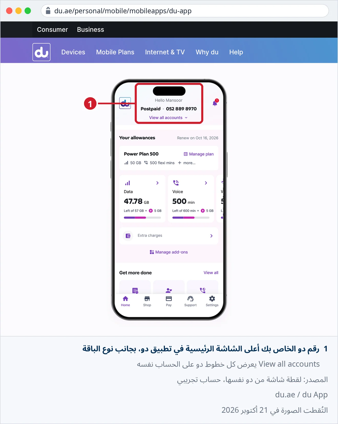 لقطة شاشة رسمية لتطبيق دو من موقع du.ae: الشاشة الرئيسية تعرض نوع الباقة ورقم دو في الأعلى، وتحته View all accounts
