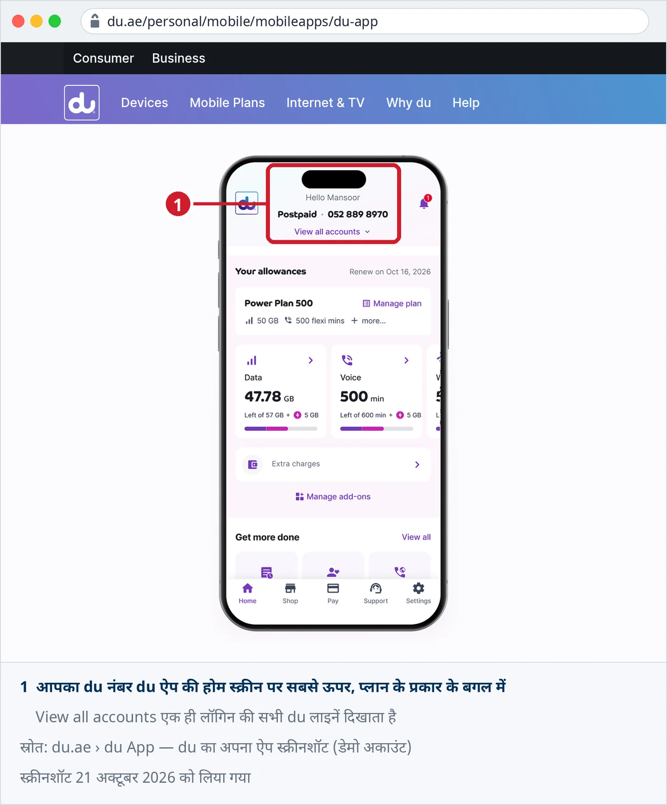 du.ae से du ऐप का आधिकारिक स्क्रीनशॉट: होम स्क्रीन पर सबसे ऊपर Postpaid और du नंबर, उसके नीचे View all accounts