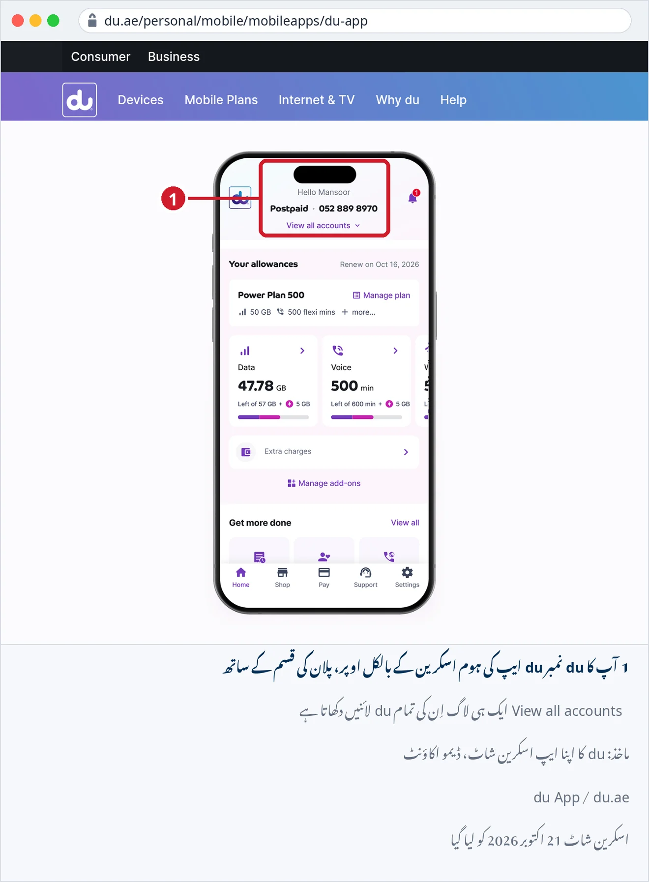 du.ae سے du ایپ کا سرکاری اسکرین شاٹ: ہوم اسکرین پر سب سے اوپر Postpaid اور du نمبر، اس کے نیچے View all accounts