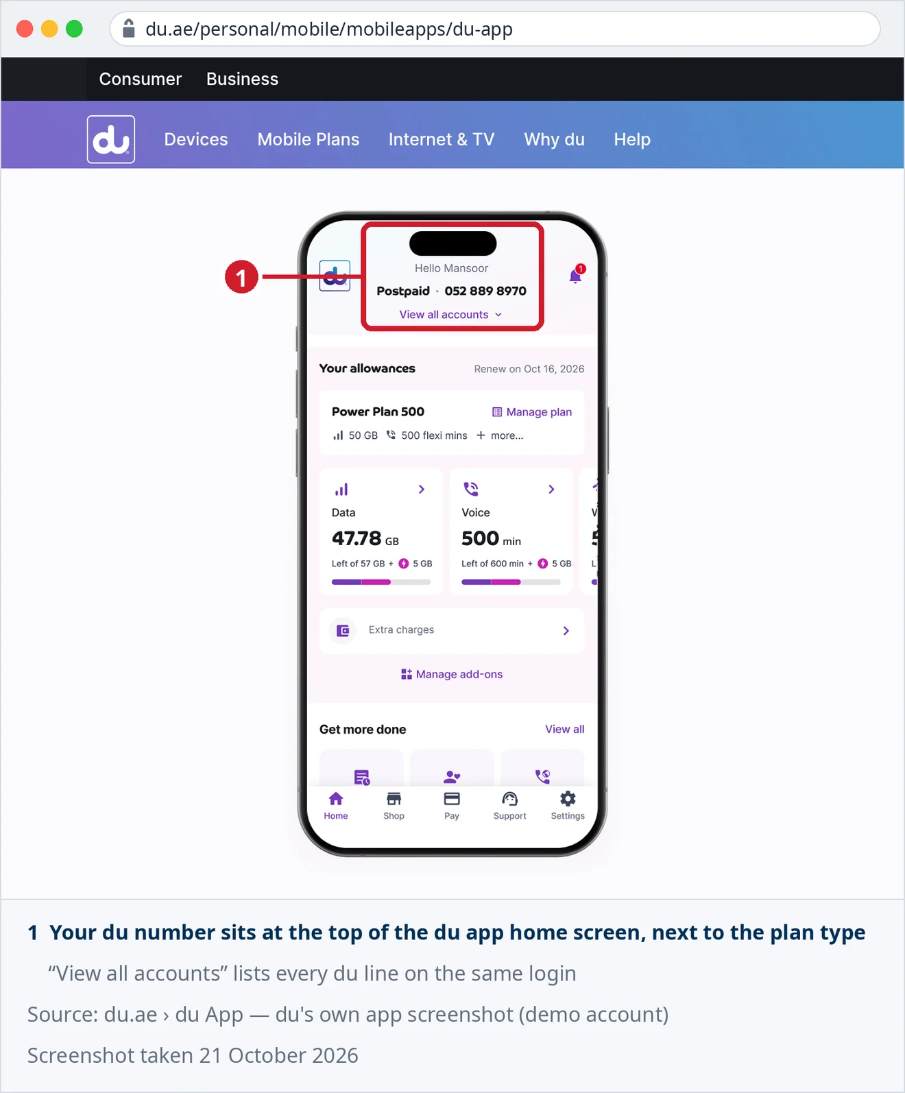 Official du app screenshot from du.ae: the home screen shows Postpaid and the du number at the top, with View all accounts underneath