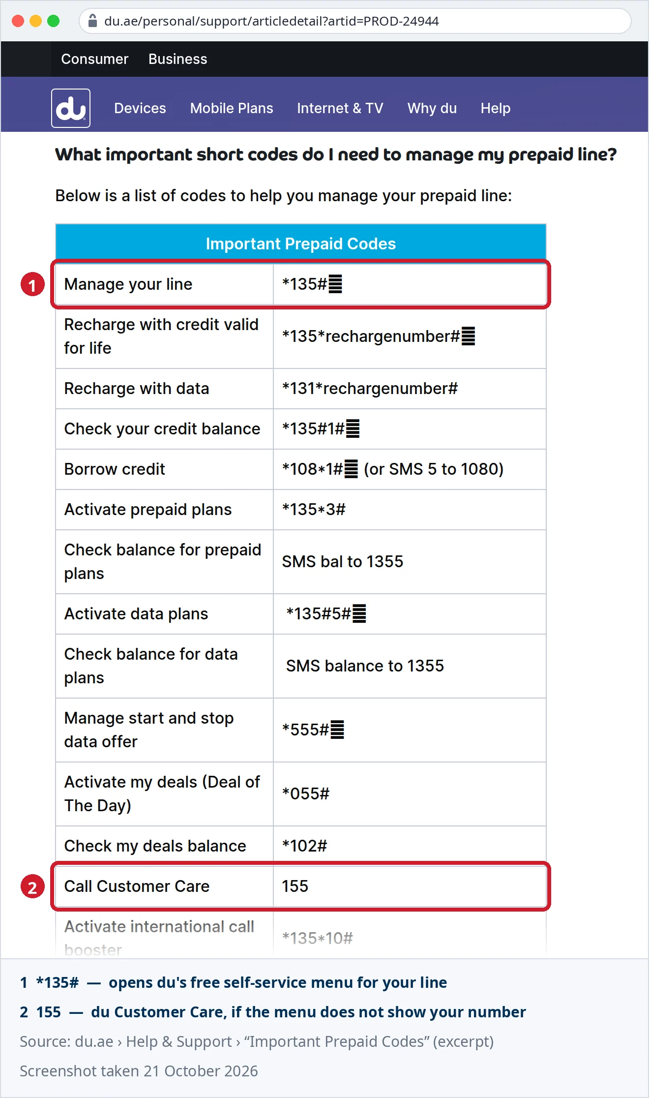 Official du.ae Help & Support page listing Important Prepaid Codes, with Manage your line *135# and Call Customer Care 155 highlighted