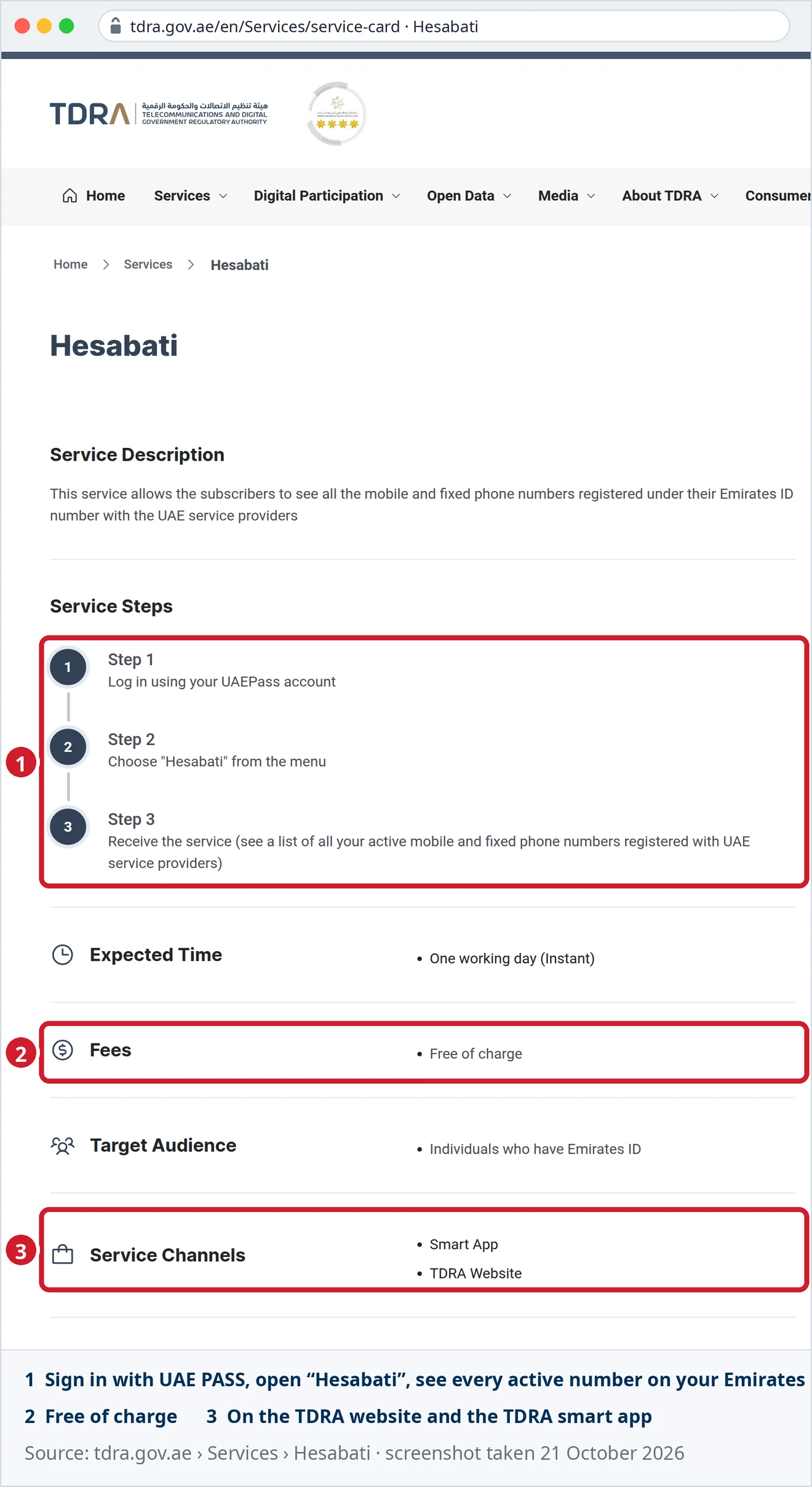 Official TDRA Hesabati service page: three steps — log in with UAE PASS, choose Hesabati, see all active mobile and fixed numbers — free of charge, on the TDRA website and smart app