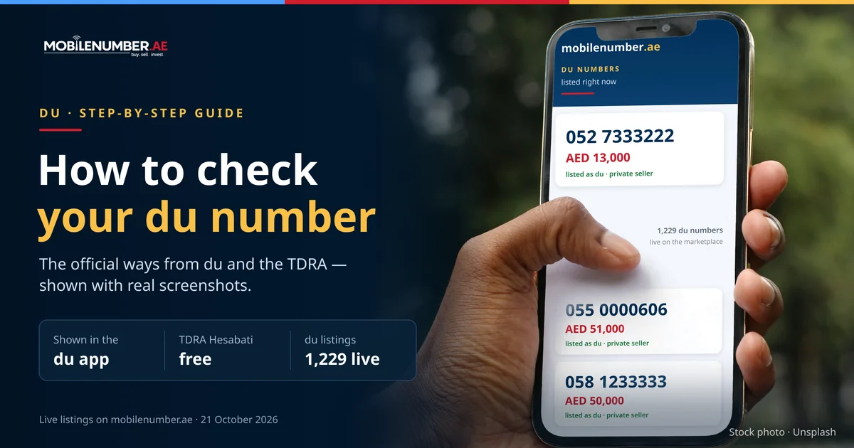 How to check your du number: a hand holding a smartphone showing three live du listings on mobilenumber.ae — 052 7333222 at AED 13,000, 055 0000606 at AED 51,000 and 058 1233333 at AED 50,000