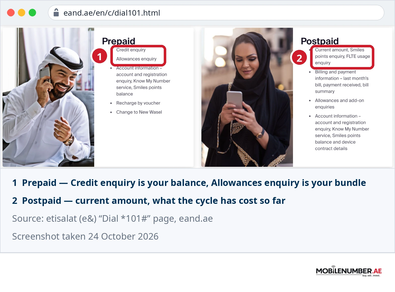 Screenshot of the etisalat Dial *101# page showing Credit enquiry and Allowances enquiry under Prepaid and current amount under Postpaid