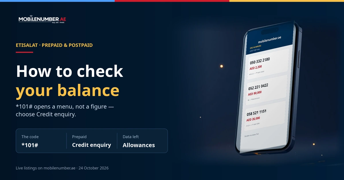How to check your Etisalat balance in the UAE: the *101# menu route to Credit enquiry, with live listings on a phone