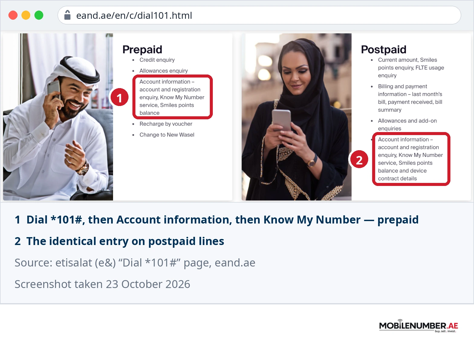 Screenshot of the etisalat Dial *101# page showing Know My Number service under Account information for prepaid and postpaid