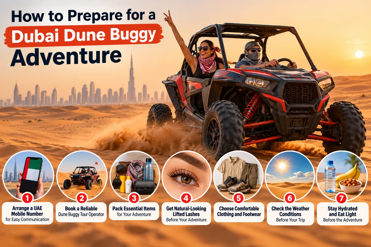 Seven steps to prepare for a Dubai dune buggy adventure: arrange a UAE mobile number, book a reliable operator, pack essentials, lashes, clothing and footwear, check the weather, hydrate and eat light