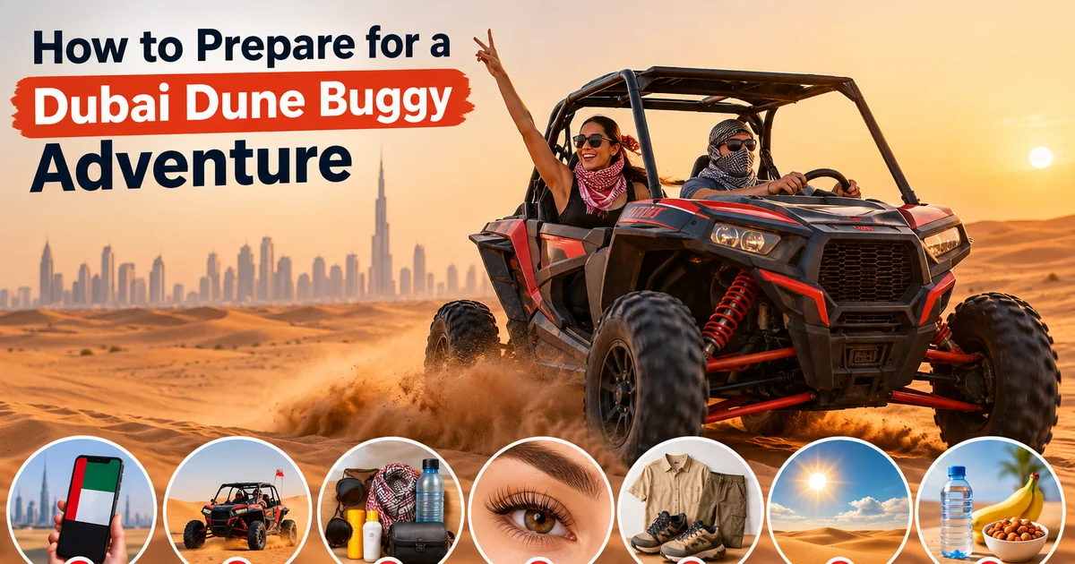 How to prepare for a Dubai dune buggy adventure: a couple riding a red dune buggy across the desert with the Dubai skyline behind, and the seven preparation steps below