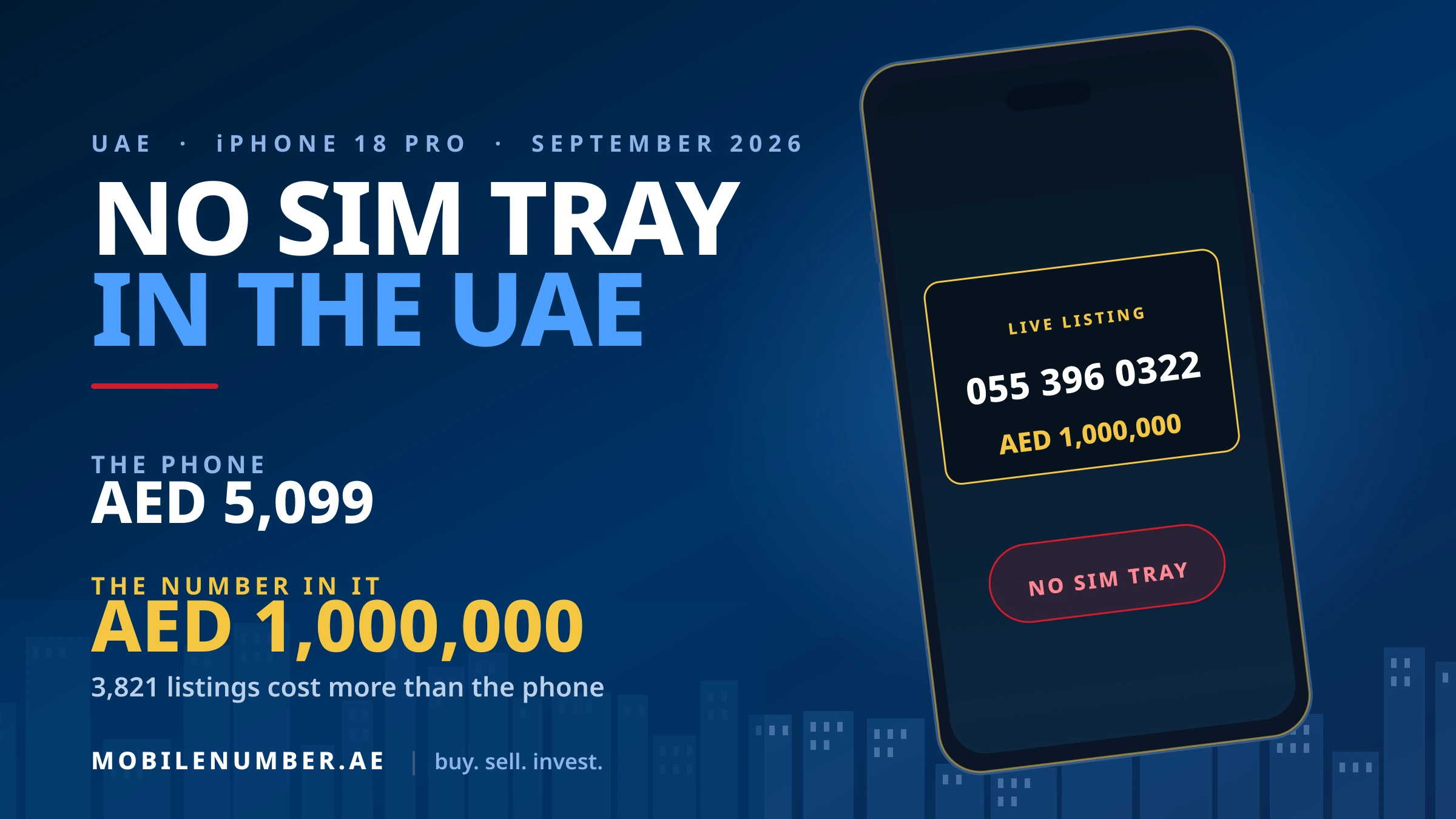 A smartphone on a deep navy background showing the live UAE listing 055 396 0322 at AED 1,000,000 next to the AED 5,099 price of an iPhone 18 Pro, with a NO SIM TRAY marker