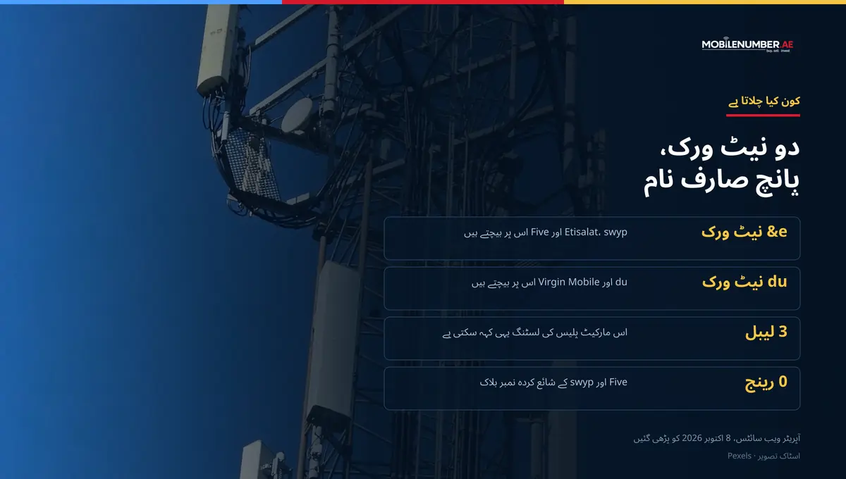 MobileNumber.ae کے لیے چارٹ: یو اے ای میں دو نیٹ ورک اور پانچ صارف نام — e& نیٹ ورک پر Etisalat، swyp اور Five، du نیٹ ورک پر du اور Virgin Mobile، لسٹنگ پر تین پرووائیڈر لیبل، اور Five یا swyp کی کوئی شائع شدہ نمبر رینج نہیں