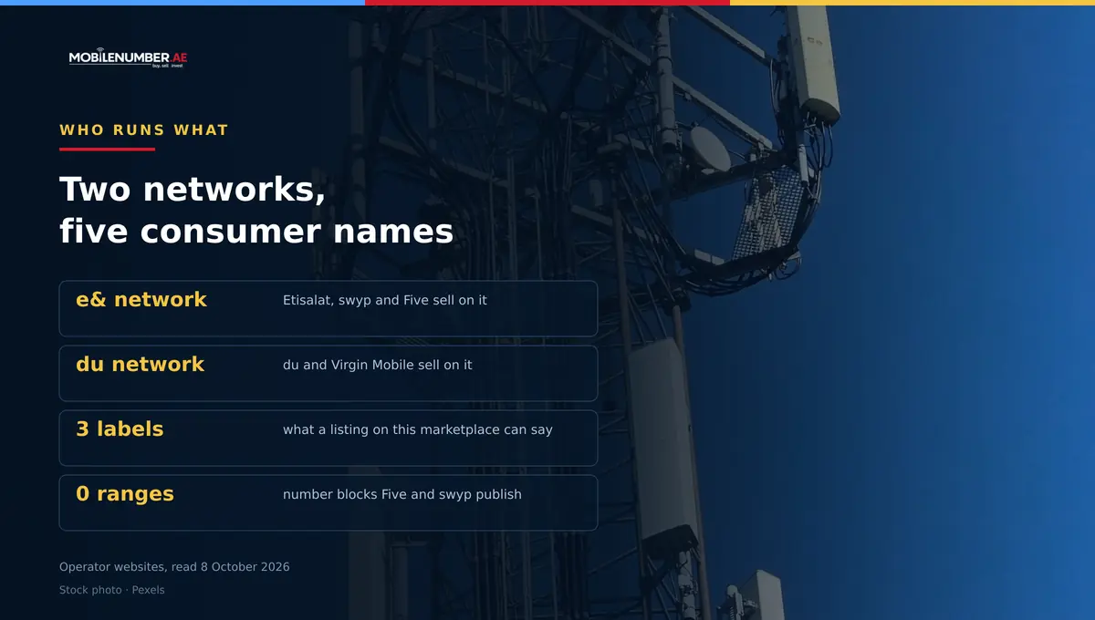 Chart for MobileNumber.ae: two UAE networks and five consumer names — Etisalat, swyp and Five on the e& network, du and Virgin Mobile on the du network, three provider labels on a listing, and no published number ranges for Five or swyp