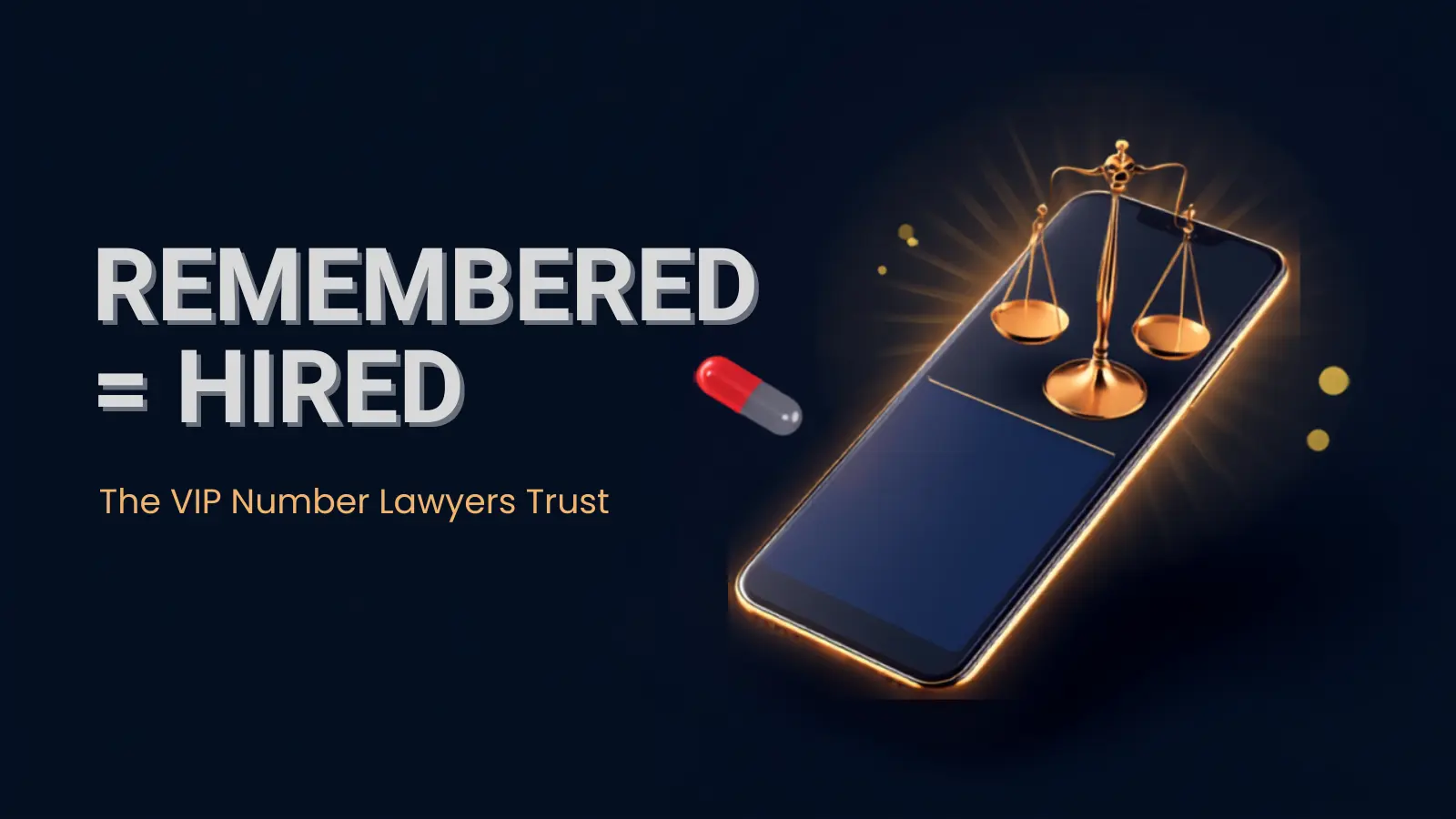 A VIP mobile number for a UAE law firm — an illustrated smartphone showing a clean golden number beside legal scales and a business card, in navy, red, blue and gold