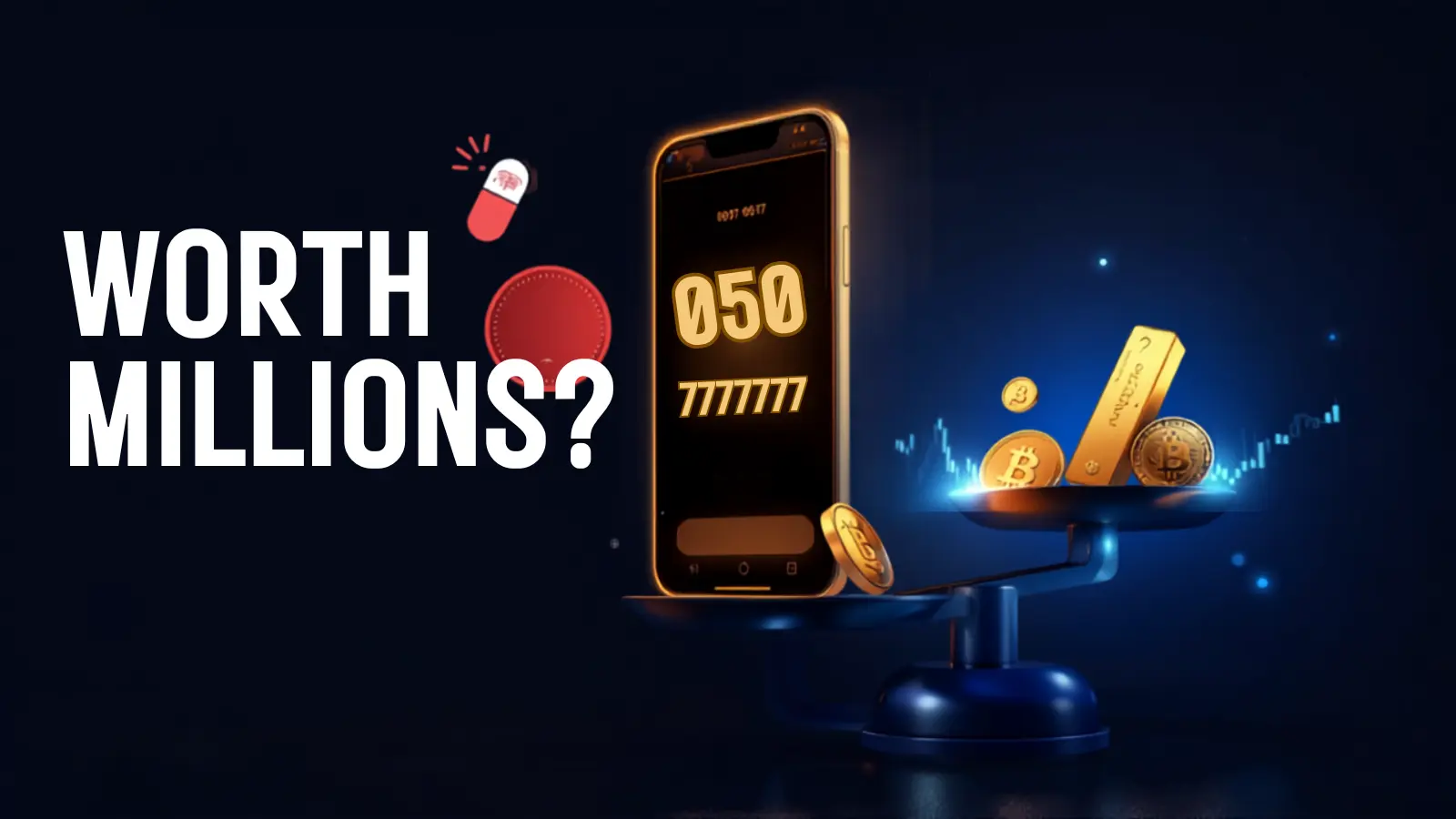 A UAE VIP mobile number on a smartphone weighed against gold, crypto and stocks — comparing them as investments, in navy, red, blue and gold