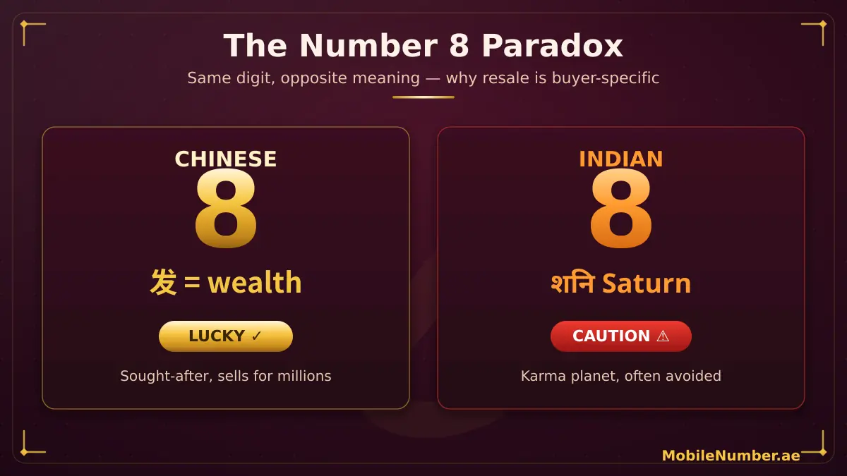 The number 8 paradox — lucky for Chinese buyers (8 sounds like wealth) but cautious for Indian buyers (8 is ruled by Saturn, Shani)