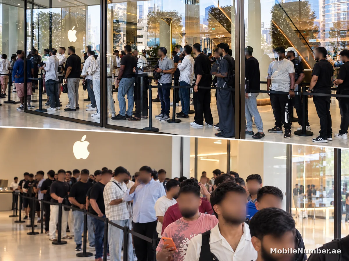 Shoppers queuing behind barriers at an Apple Store in Dubai on iPhone 18 Pro launch day