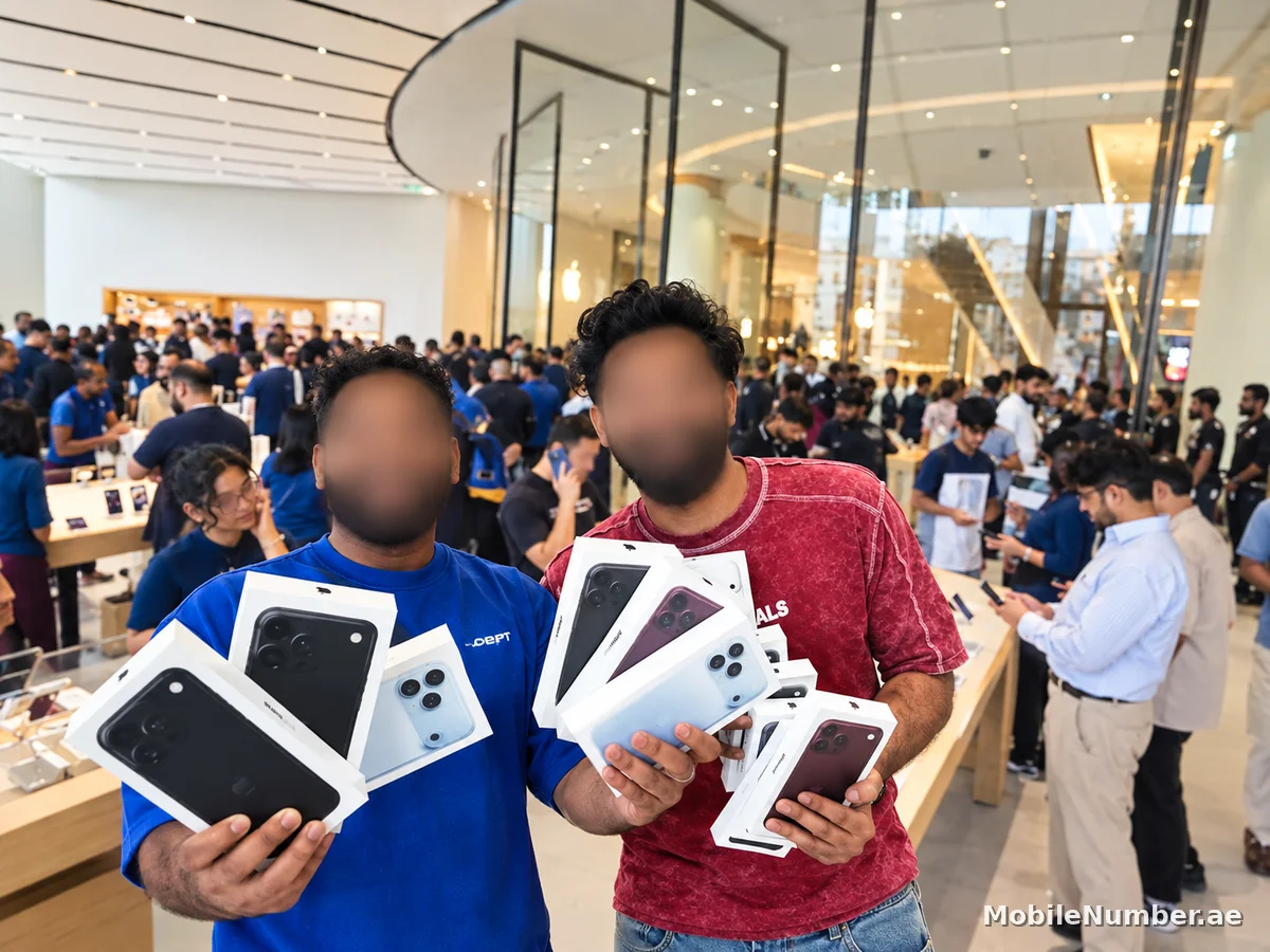 Two buyers holding several sealed iPhone 18 Pro boxes inside an Apple Store in Dubai
