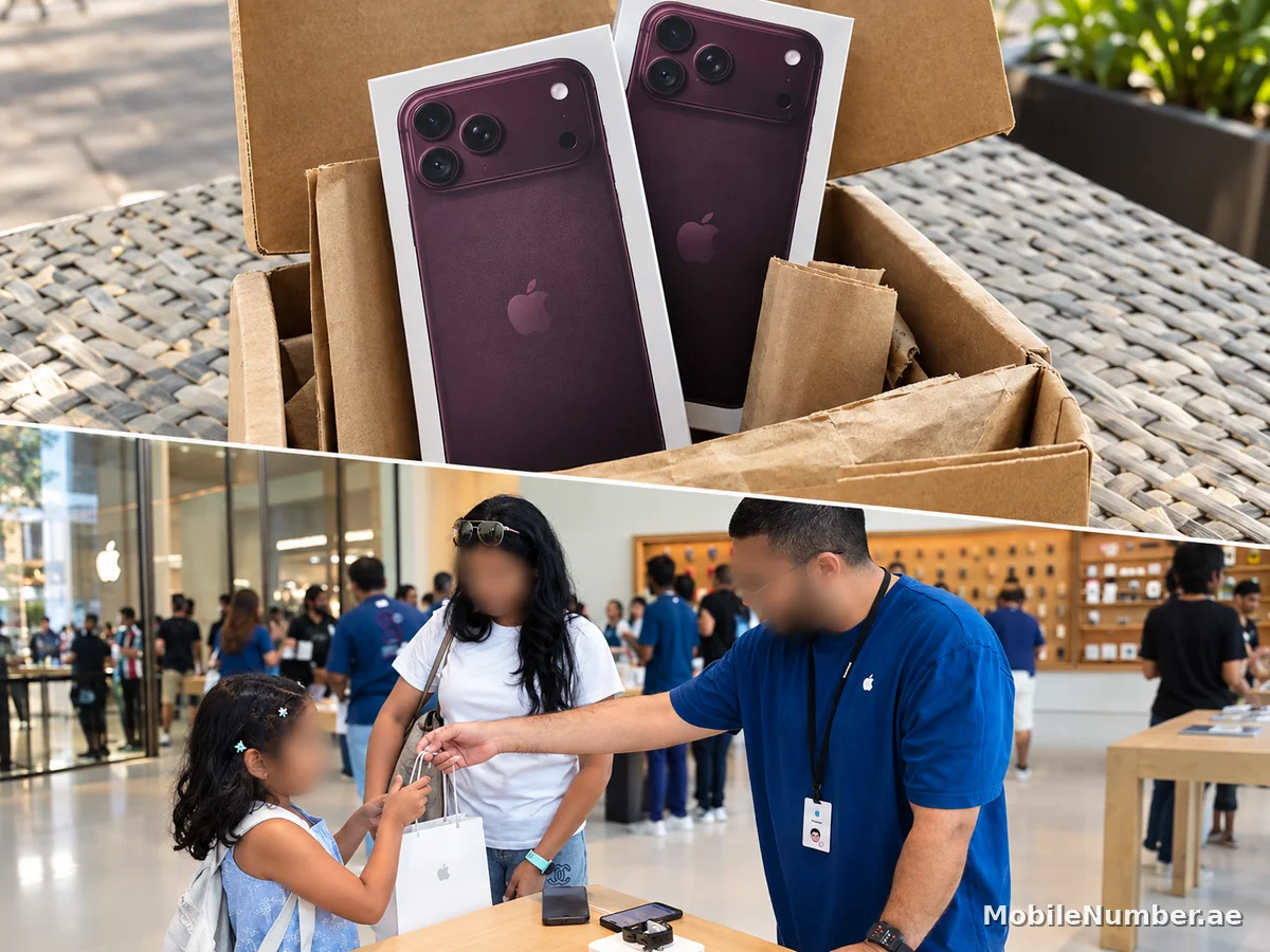 Sealed burgundy iPhone 18 Pro boxes in a carton, above a handover at the counter of an Apple Store in Dubai