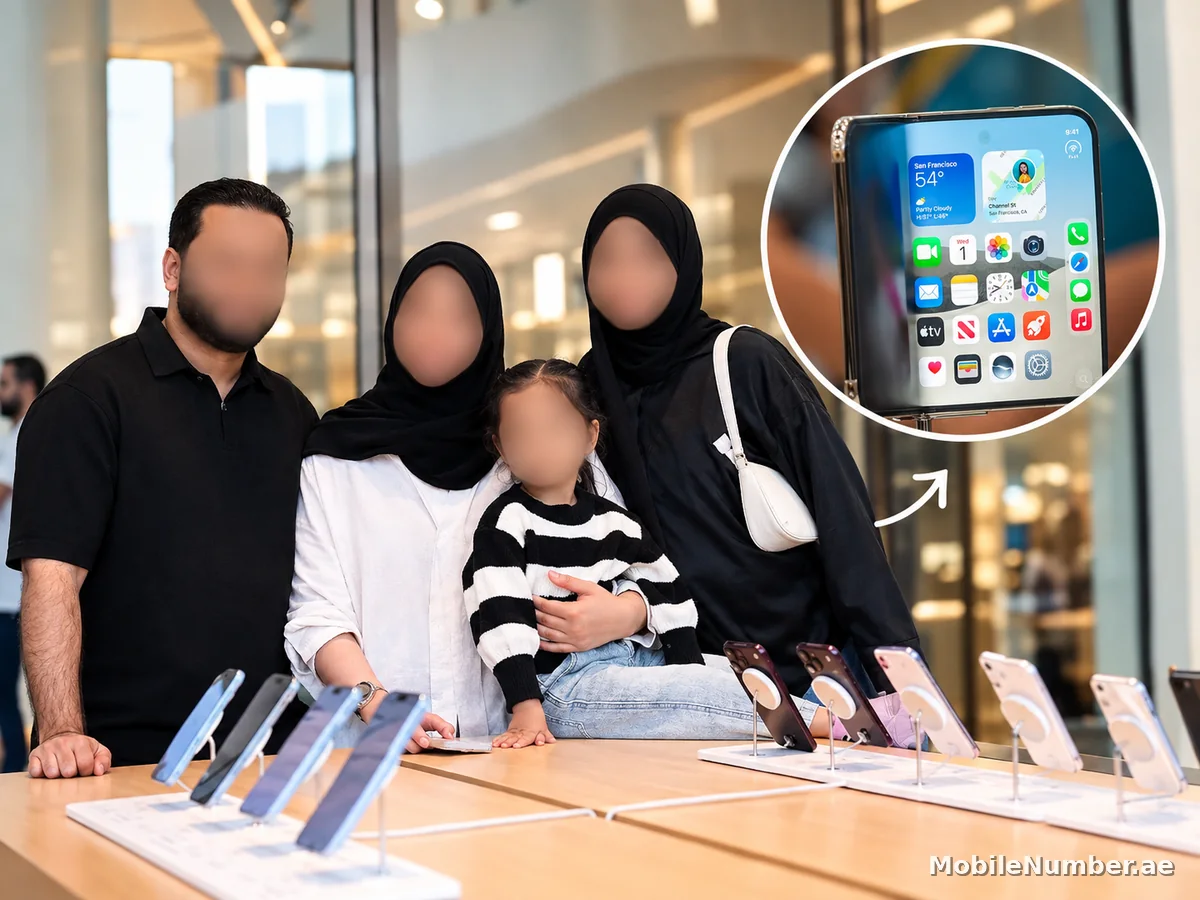 Customers at an iPhone 18 display table in a Dubai Apple Store on launch day