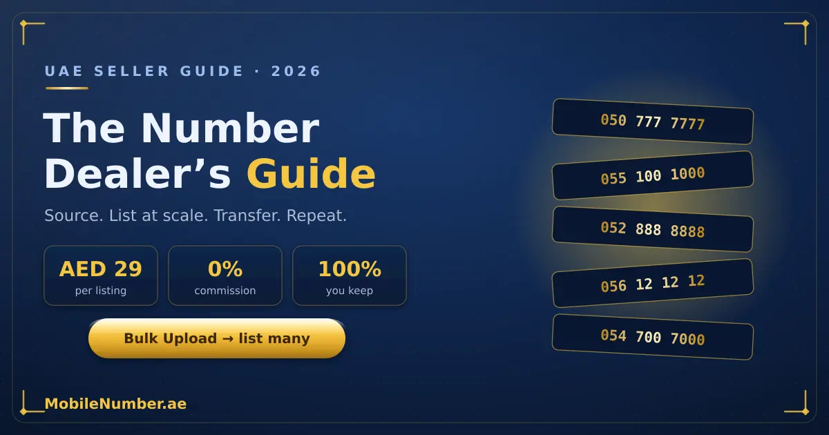 UAE mobile number dealer guide: source, bulk-list and sell premium numbers at scale, AED 29 per listing 0% commission