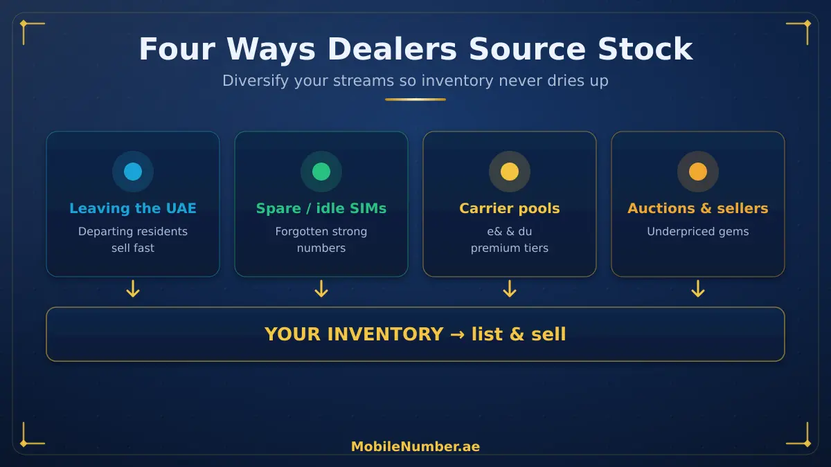 Four sourcing streams for a UAE number dealer: leaving residents, spare SIMs, carrier pools and auctions feeding an inventory