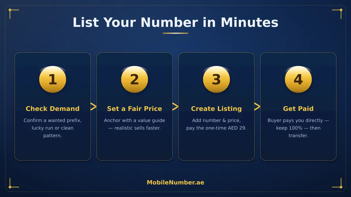 Four steps to list a UAE mobile number for sale: check demand, price it, create listing, get paid