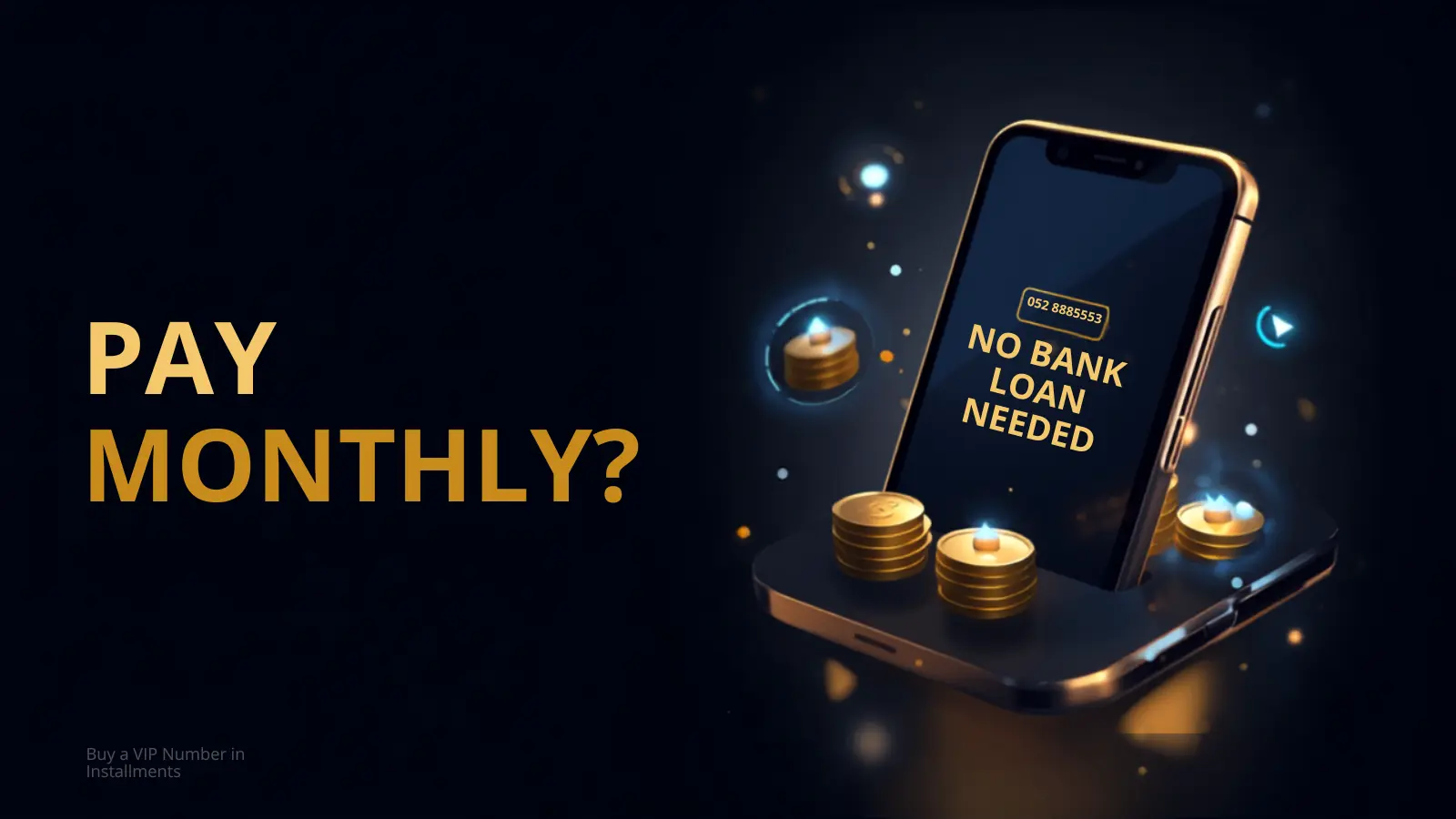 Buying a UAE VIP mobile number in installments — an illustrated smartphone with a golden number and a monthly payment schedule, in navy, red, blue and gold brand colours