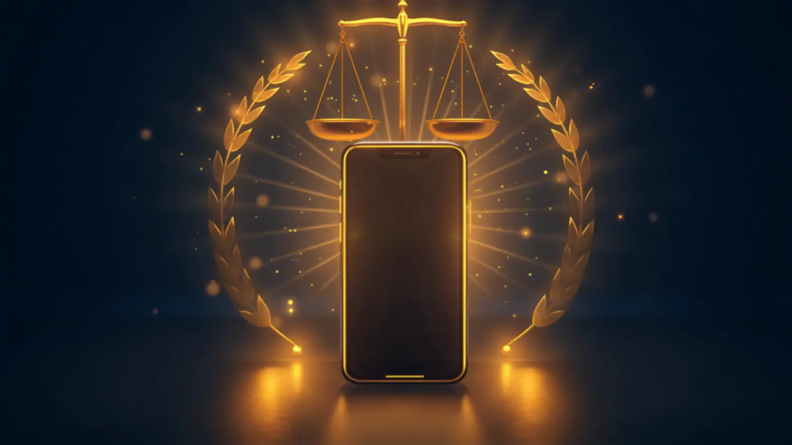 An established UAE law firm brand anchored by one premium, memorable mobile number — illustrated with golden legal scales and a smartphone, aspirational, in navy, red, blue and gold