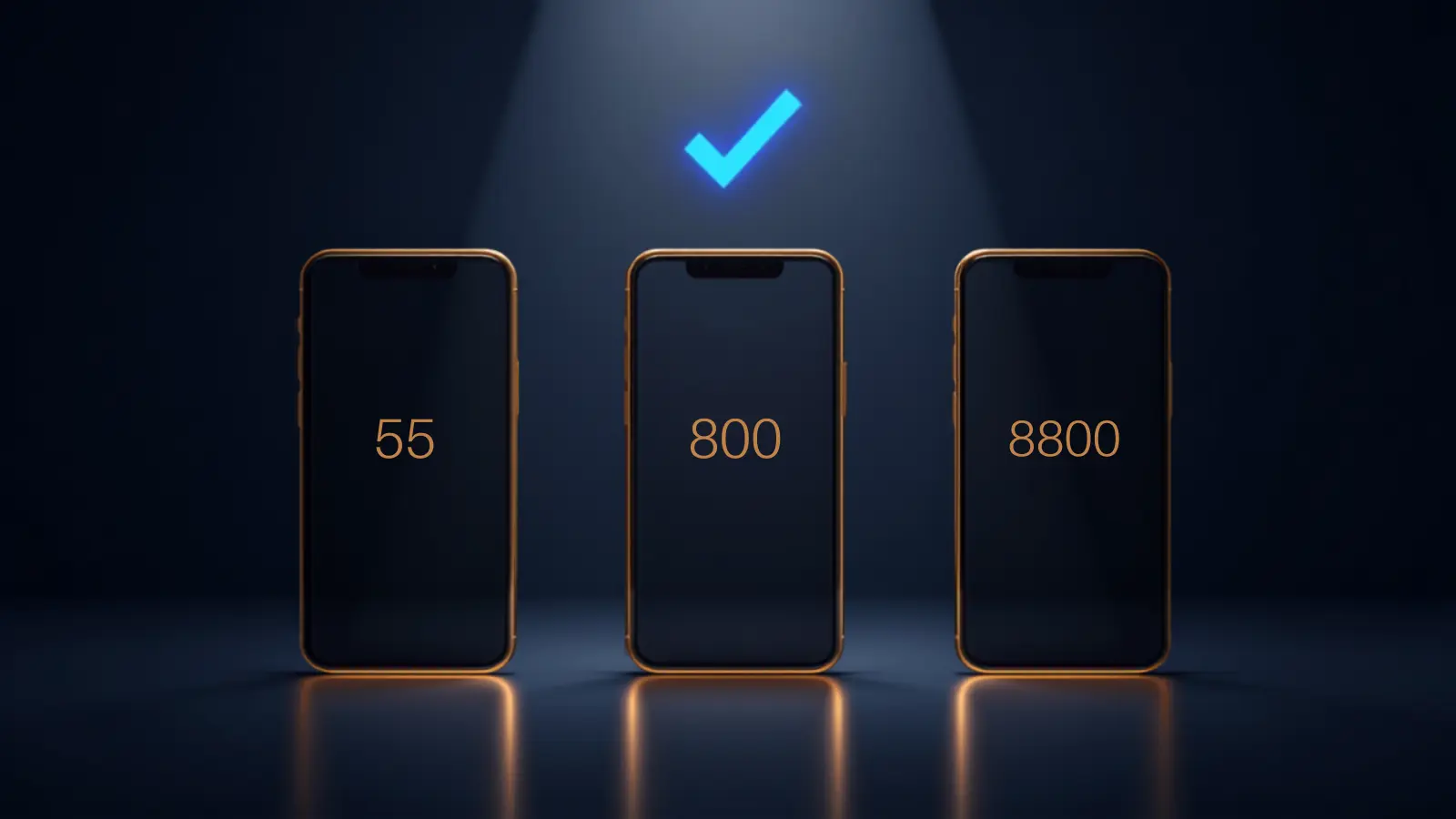 Number patterns that suit a UAE law firm — clean repeating pairs, easy sequences and round endings shown on illustrated smartphones, in navy, red, blue and gold