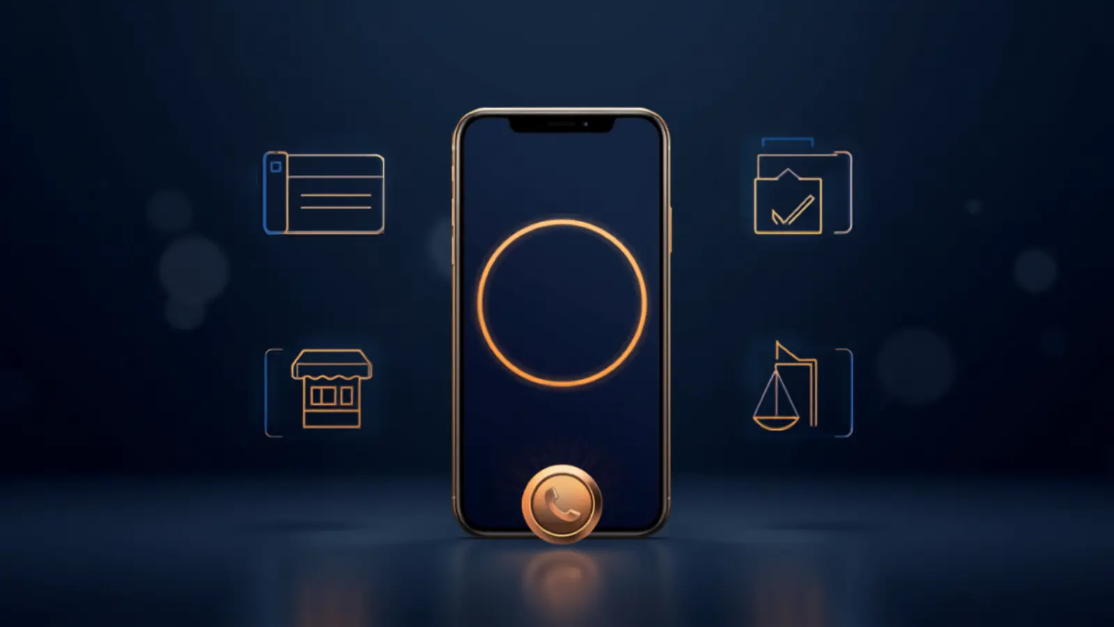 A UAE law firm using one memorable VIP number across business card, signage and website — illustrated with legal scales and a smartphone, in navy, red, blue and gold