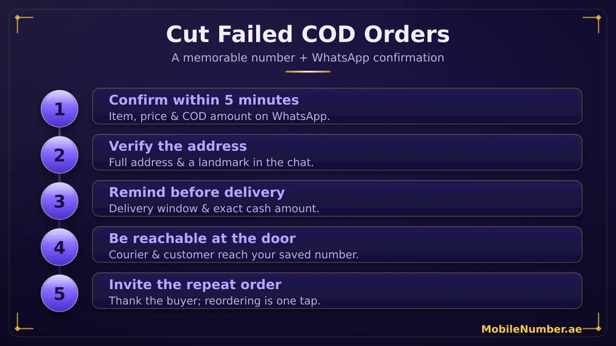 How to cut failed COD orders in the UAE in five steps — confirm within five minutes, verify the address, remind before delivery, be reachable, invite the repeat order
