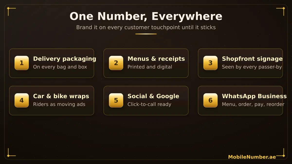 One number everywhere — brand a restaurant VIP number on delivery packaging, menus, signage, vehicle wraps, social profiles and WhatsApp Business