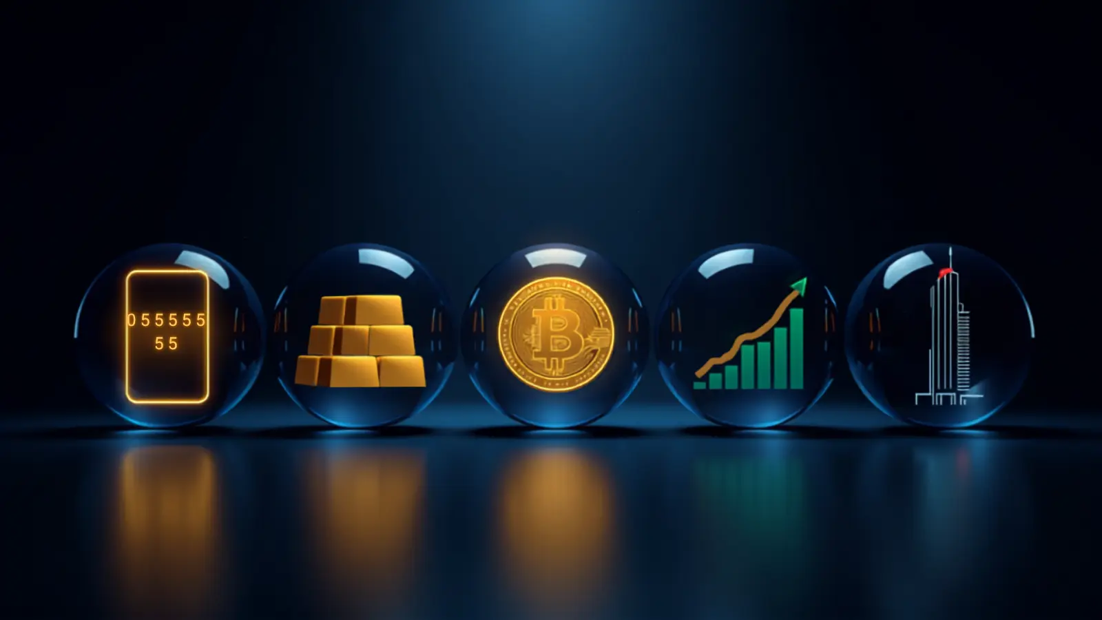 Educational scorecard illustration comparing a VIP mobile number, gold, crypto, stocks and Dubai real estate across entry cost, returns, liquidity, carry, tax and correlation, in brand navy, red, blue and gold