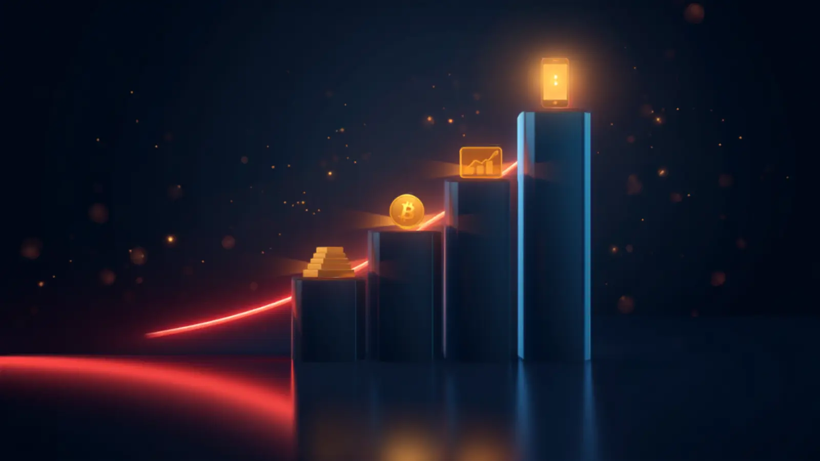 Illustrated comparison of five-year returns for a VIP mobile number on a smartphone, a gold bar, a crypto coin and a stock chart, styled in the navy, red, blue and gold brand palette