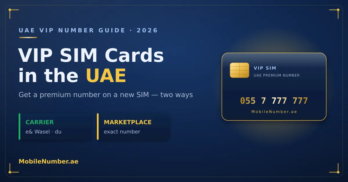 UAE VIP SIM card with a golden premium mobile number, showing the carrier and marketplace routes