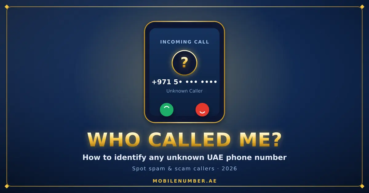 Smartphone showing an incoming call from an unknown +971 UAE number — how to identify who called and spot spam or scam callers