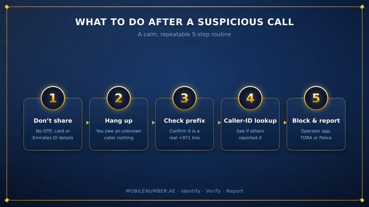 Five-step process to handle a suspicious UAE caller: do not share data, hang up, check the prefix, run a caller-ID lookup, then block and report