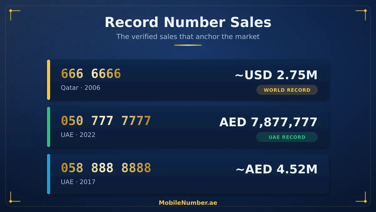 रिकॉर्ड मोबाइल नंबर बिक्री: कतर 666 6666 USD 2.75M, यूएई 050 777 7777 AED 7.88M, 058 888 8888 AED 4.52M